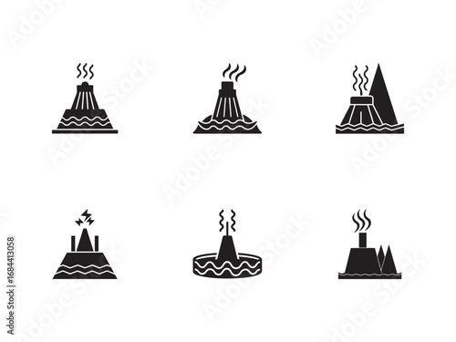 Collection of stylized volcano icons eruptions and volcanic activity in vector format black and white design