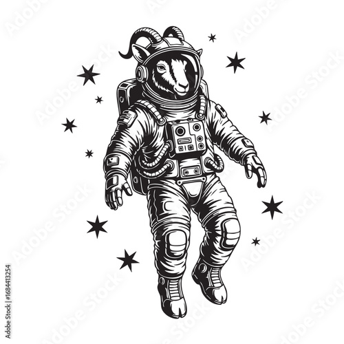 Vector art of a goat astronaut floats among the stars, wearing a spacesuit and helmet, ready for an intergalactic adventure
