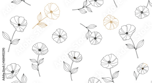Elegant floral pattern design with delicate flowers in black and gold, perfect for stylish projects