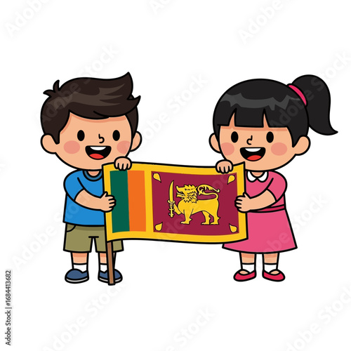 Cartoon children proudly display the flag of sri lanka in a vibrant and educational illustration