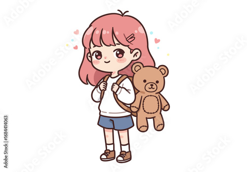 Charming illustration of a cute cartoon girl with pink hair and a teddy bear companion in her backpack, smiling happily on a white background