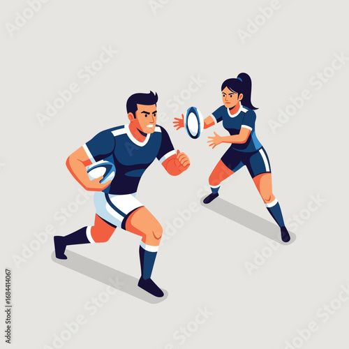 A man runs with a rugby ball while a woman prepares to catch a pass during a game.