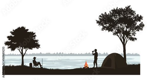 campers enjoying serene night by lake under starry sky