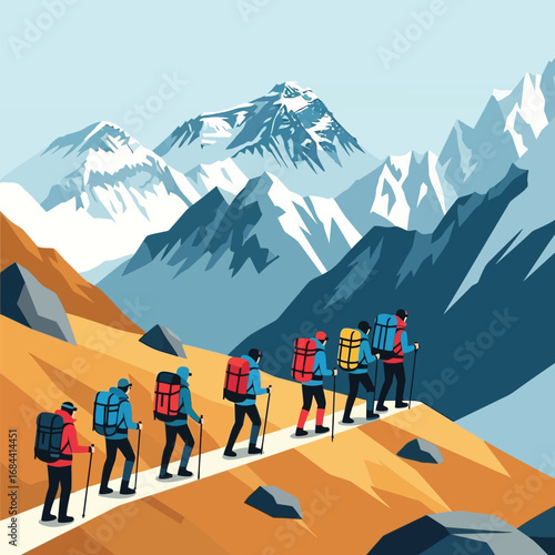 Hikers ascend a mountain trail, with majestic snow-capped peaks in the background.