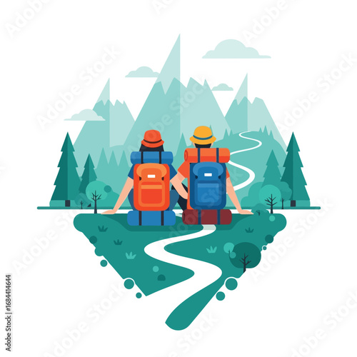 Couple hikers resting, enjoying mountain scenery, on a winding path.