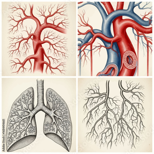 Anatomical illustrations of human circulatory and respiratory systems.