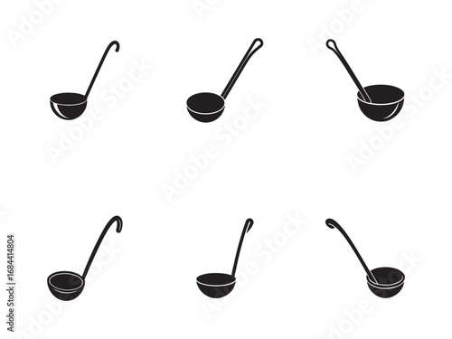 Culinary Ladle Collection Black and White Minimalist Illustration Soup Serving Utensil Isolated on White Background Kitchen Tool Icon