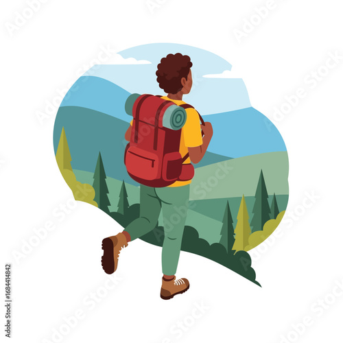 A hiker with a backpack admires a scenic mountain vista.