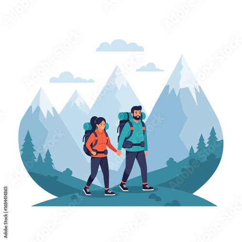 A couple hand-in-hand hikes through a scenic mountain landscape, carrying backpacks on an adventurous journey.