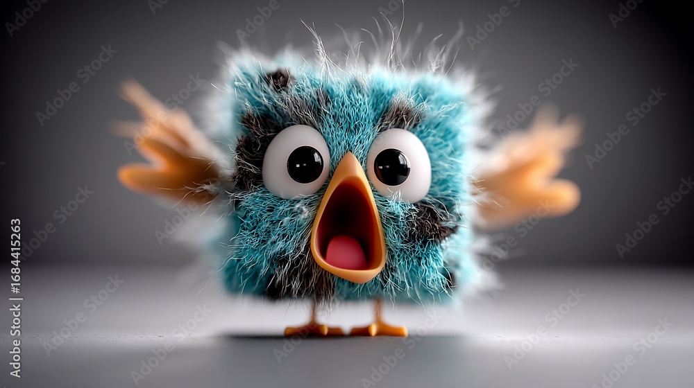 Fototapeta premium A fluffy, cube-shaped bird with large eyes, open beak, and tiny wings, appearing surprised or scared