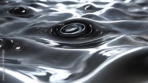 Viscous black liquid metal surface pulsating with concentric ripples and reflecting light, representing futuristic technology or scientific concepts like cymatics