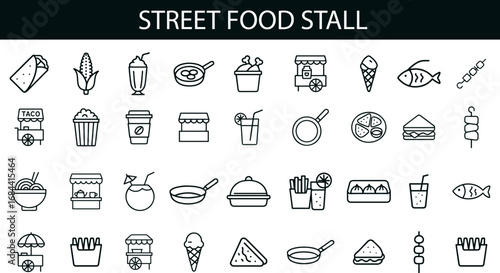 Street Food Stall Icon Set for Culinary Design, Urban Snacks, and Food Festival UI