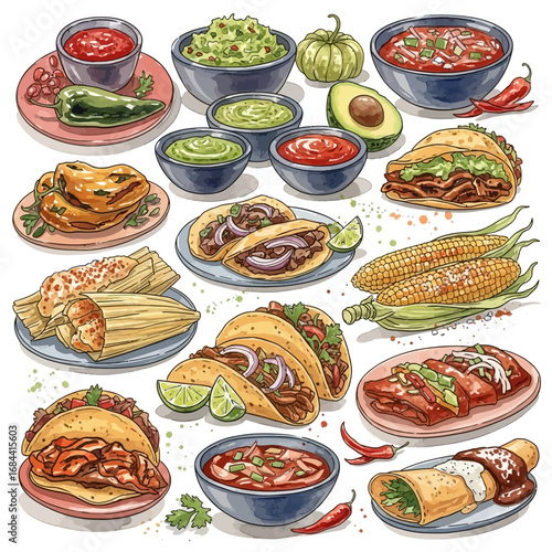 Delicious and colorful illustration of various Mexican food dishes.