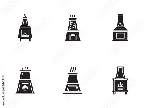 Diverse Black Fireplace Icon Set for Modern Homes Warmth and Comfort Vector Graphics