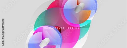 Abstract shapes overlap, creating vibrant color gradients. Modern design elements suggest fluidity, motion, innovation. Light shadows enhance depth.