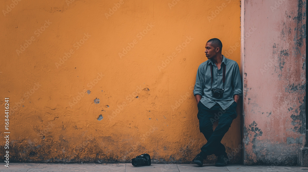 Obraz premium A man is leaning against a wall with a camera in his hand