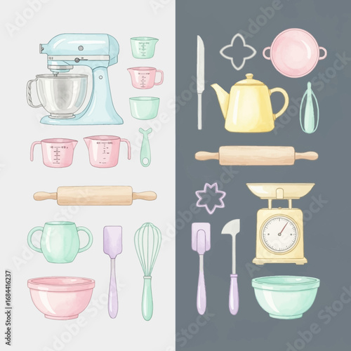 Colorful collection of baking tools and kitchen equipment for cooking and pastry preparation.