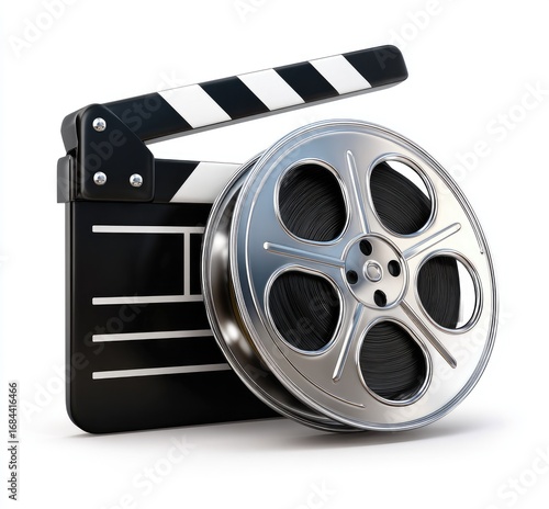 Black film clapperboard with silver movie reel