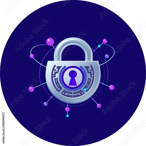 Cybersecurity Lock Symbol with Binary Code and Orbiting Dots – 2D Geometric Design