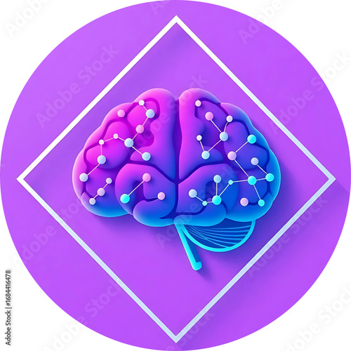 2D Flat Brain Icon with Neural Connections in Geometric Diamond Shape