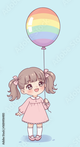 Cute cartoon girl holding a rainbow balloon against a pastel background.