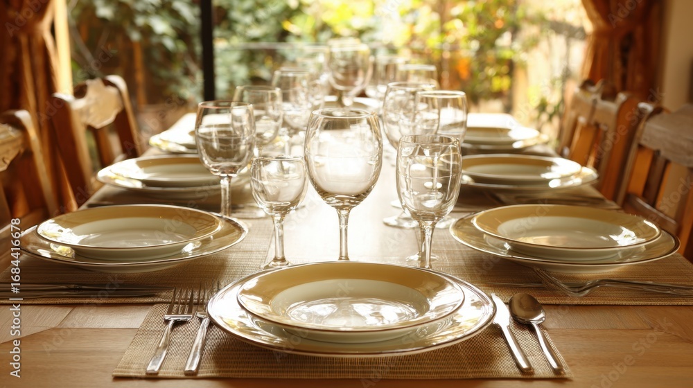 Fototapeta premium Elegant Dining Table Set for Formal Event with Glassware and Plates in Natural Light, Perfect for Celebrations, Gatherings, and Special Occasions