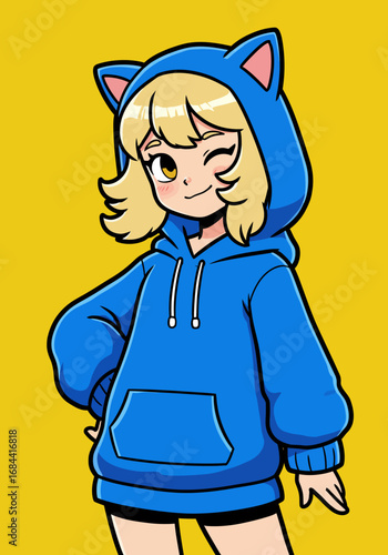 Cheerful anime girl winking, wearing a blue cat-eared hoodie.
