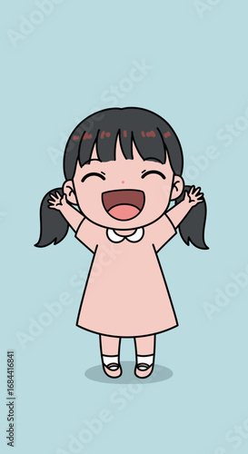 Happy little girl joyfully raising her arms, cartoon style illustration.