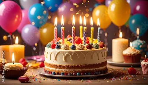 A festive birthday celebration is depicted with a multi-layered cake, colorful candles, and party decorations.