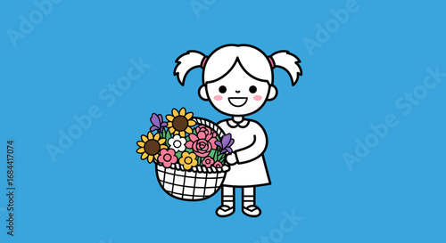 A cheerful cartoon girl with pigtails holds a woven basket overflowing with a vibrant assortment of colorful flowers, set against a solid blue background.