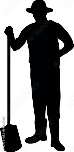 Silhouette of a farmer with shovel, rustic, monochrome, strong, hardworking, rural, agricultural,  vintage style.