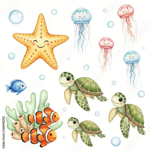 Cute watercolor sea creatures collection starfish jellyfish turtles and clownfish.