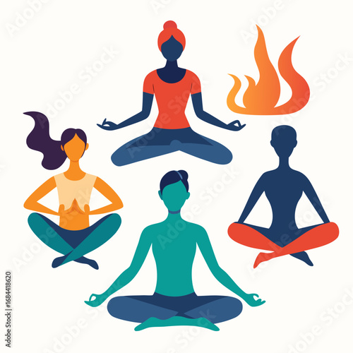 “Set of yoga poses silhouettes, people meditating and stretching, clean minimal vector shapes”