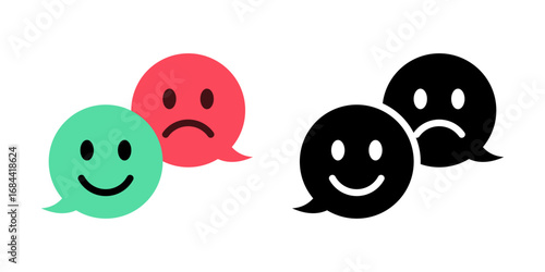 happy and sad emoji chat speech bubble, feedback rating emoticons - smiley face icon set : positive and negative emojis with red and green colors for customer satisfaction rating