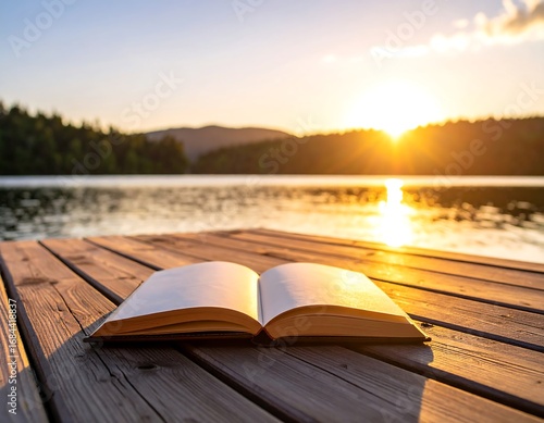 Open book on a wooden dock at sunset over a lake