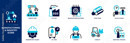 Manufacturing and Industry Blue Colored Outline Icon Set