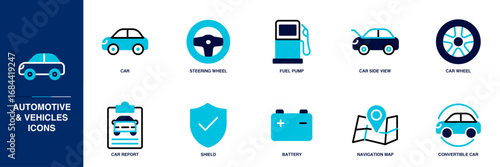 Automotive and Vehicles Blue Colored Outline Icon Set