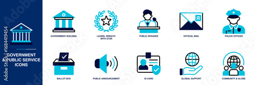 Government and Public Blue Colored Outline Icon Set
