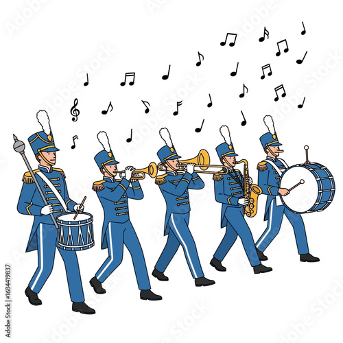 Marching band procession with musical notes in a playful and creative illustration