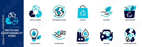 Recycling and Sustainability Blue Colored Outline Icon Set