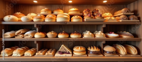 Wallpaper Mural Cozy bakery display concept. Freshly baked bread displayed on wooden shelves in a bakery. Torontodigital.ca