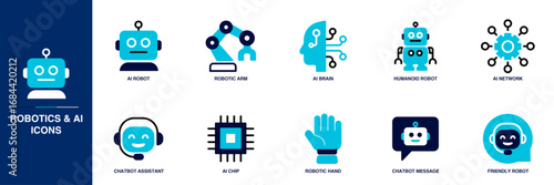Robotics and AI Blue Colored Outline Icon Set