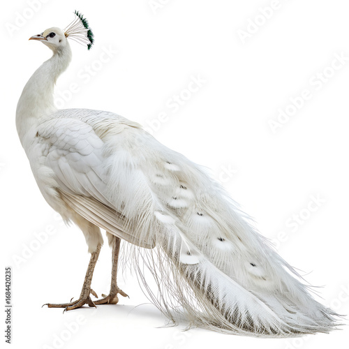 A majestic white peacock standing with its feathers closed, on a pure white background.