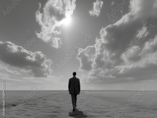 Adult man wearing suit walking across wide grass field under cloudy sky in monochrome image representing journey, determination, life decision and solitude in cinematic black and white landscape