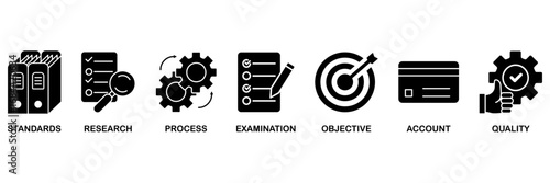 Audit banner web icon vector illustration concept for� standards, research, process, examination, objective, account, and quality