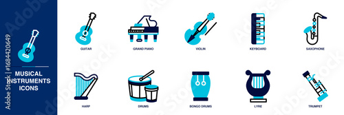 Musical Instruments Blue Colored Outline Icon Set