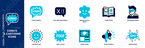 Comics and Cartoons Blue Colored Outline Icon Set