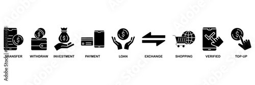 Mobile banking banner web icon vector illustration concept for� transfer, withdraw, investment, payment, loan, exchange, shopping, verified and top-up