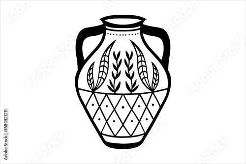 ancient greek vase,
black white pottery plant art