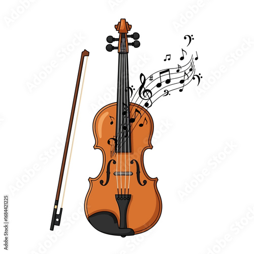 Elegant violin illustration with floating musical notes creates melodic harmony and visual charm